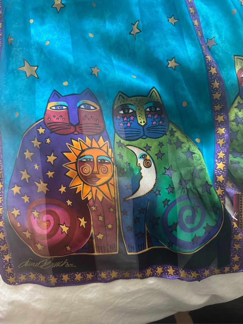 Susan Burch Turquoise Celestial Cats Decorative 100% silk scarf